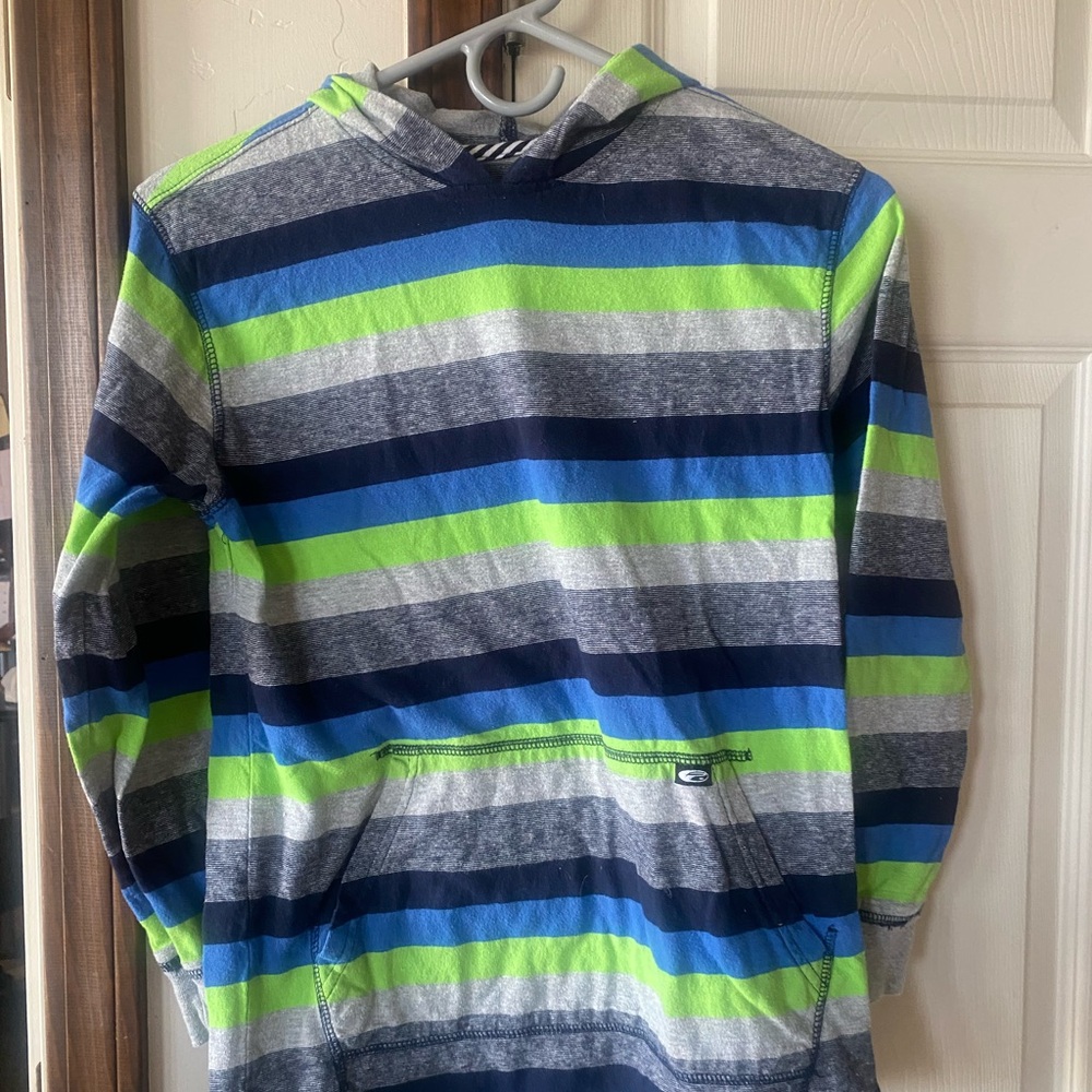 🌟 5/$15 Striped Hoodie T-shirt with Blue and Green Accents